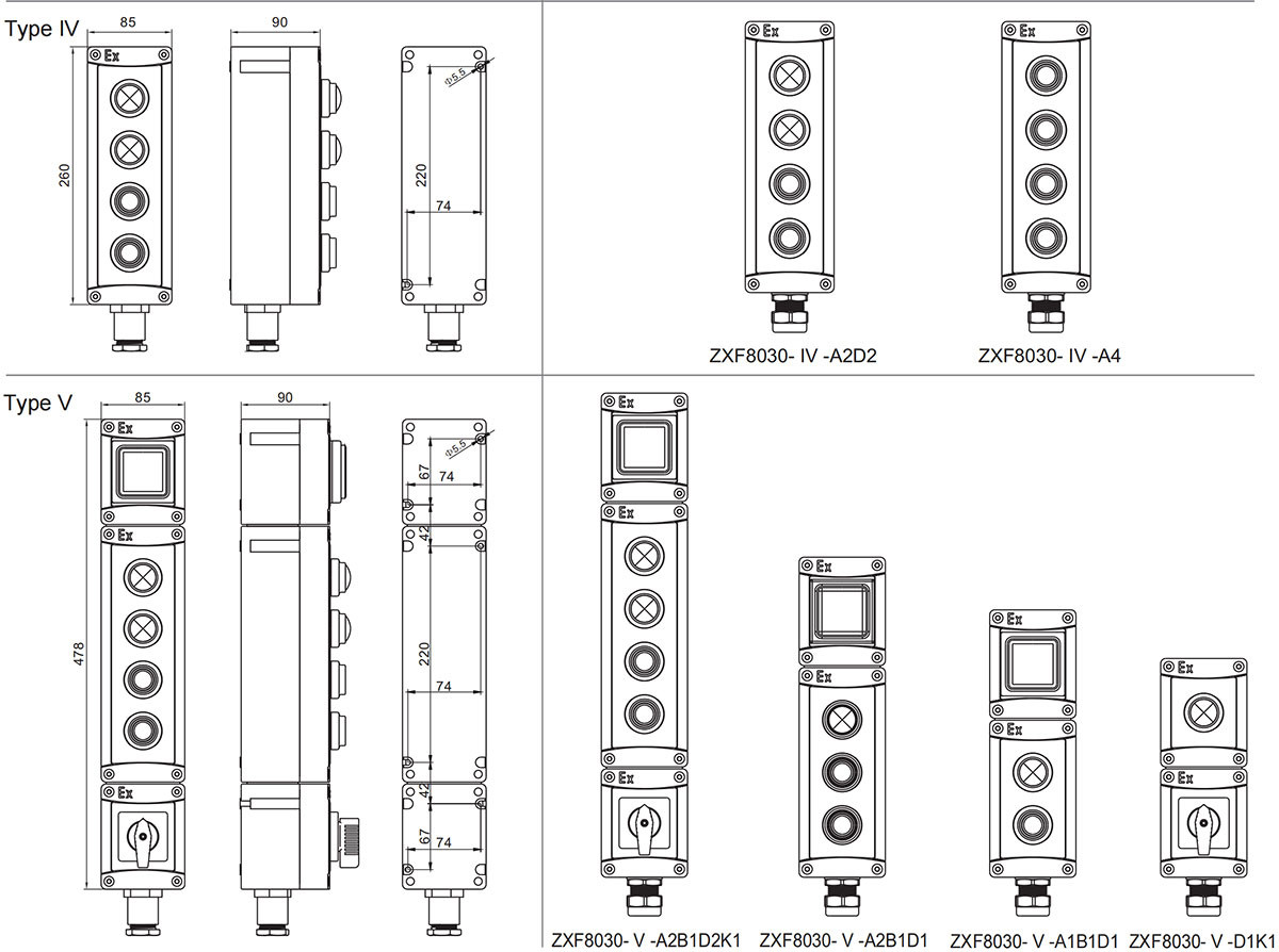 explosionsskyddad korrosionsbeständig tryckknapp zxf8030 installationsmått-2
