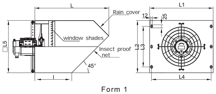 Dimensiones de instalación del ventilador de pared lateral a prueba de explosiones bwexd-1