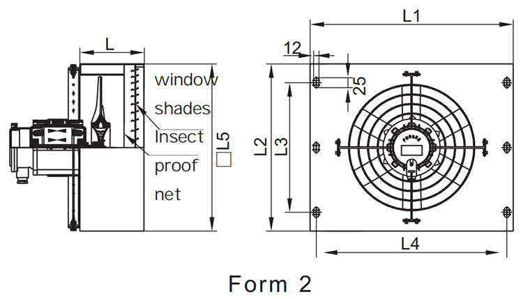 Dimensiones de instalación del ventilador de pared lateral a prueba de explosiones bwexd-2