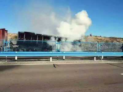 asphalt transport vehicle caught fire