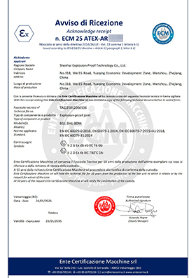 ATEX Explosion Proof Certificate issued by Ente Certificazione Macchine srl