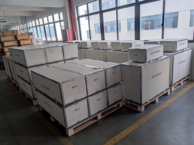 Heavy crates stacked and awaiting pickup