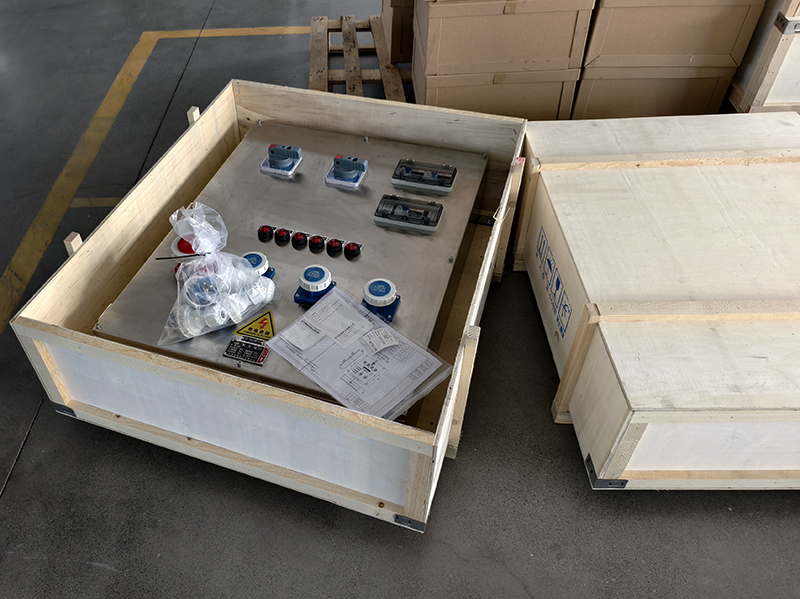 Distribution boxes in wooden crates