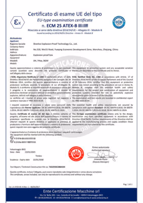 ATEX Explosion Proof Certificate issued by Ente Certificazione Macchine srl