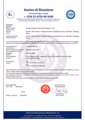ATEX Explosion Proof Certificate issued by Ente Certificazione Macchine srl