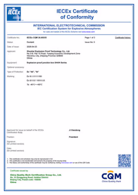 IECEx Explosion Proof Certificate issued by China Quality Mark Certification Group Co., Ltd.