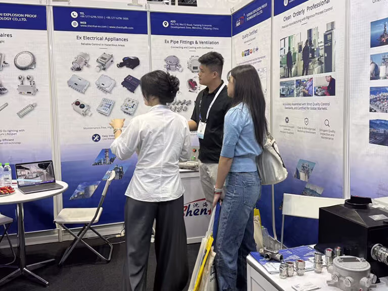 clients browsing explosion-proof electrical appliances at shenhai oga 2026 booth