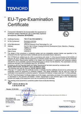 ATEX Ex Component Certificate issued by TÜV CYPRUS LTD