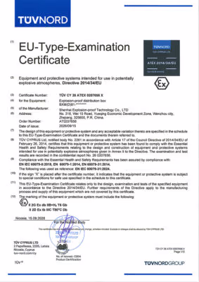 ATEX Explosion Proof Certificate issued by TÜV CYPRUS LTD